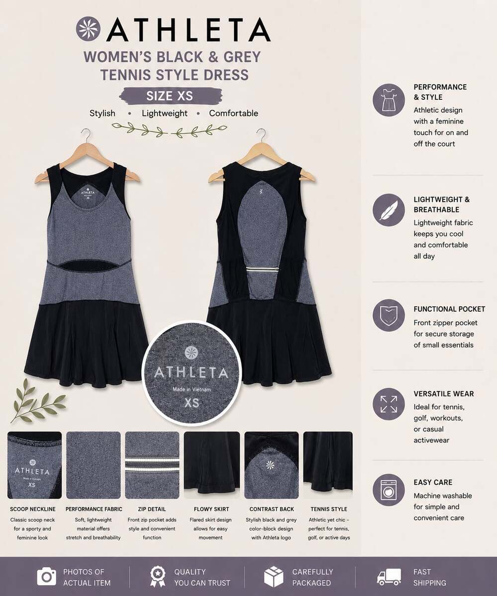 Athleta Women's Black & Grey Sleeveless Tennis Dress with Zip Pocket Size XS